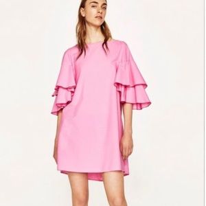 Zara bubblegum pink ruffle sleeve mini dress with pockets